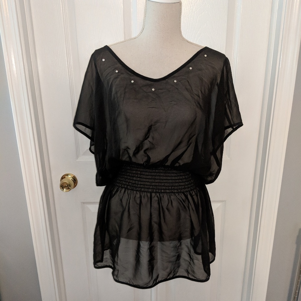 Sheer Black Top with Rhinestones